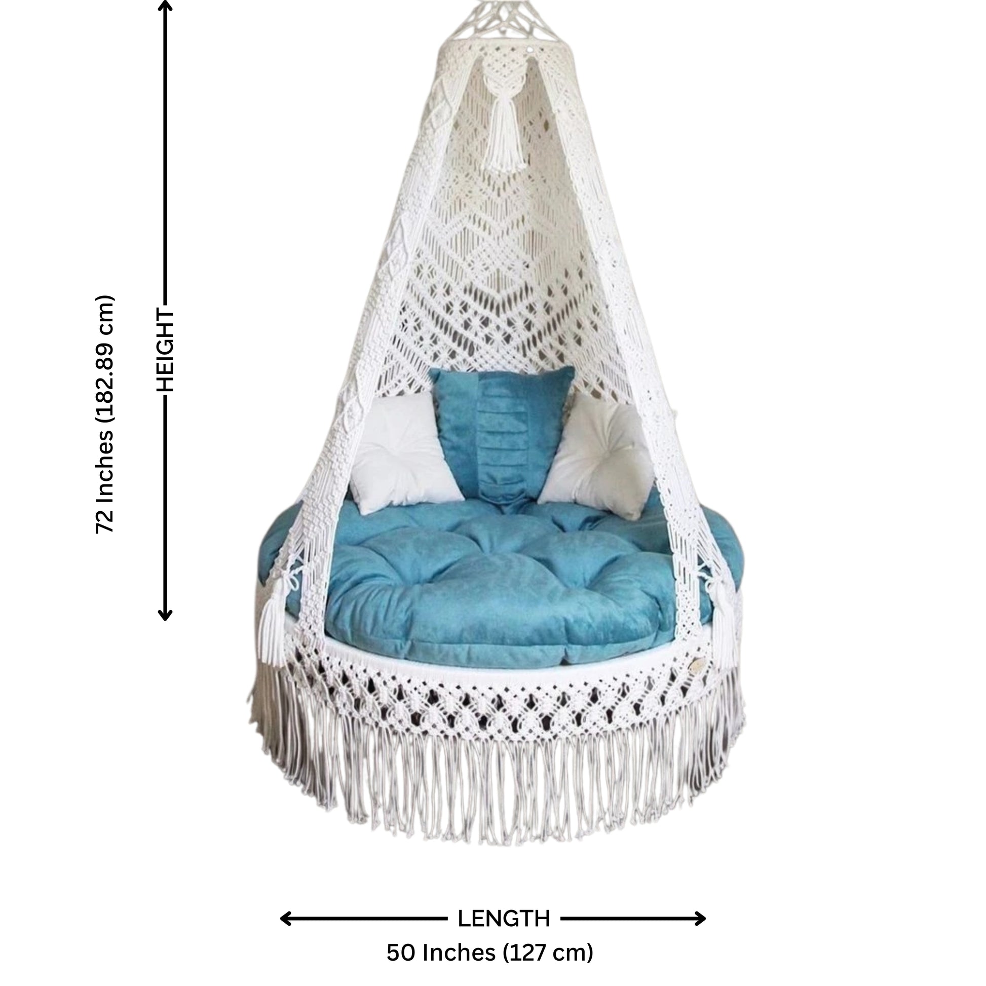 White macrame swing with blue mattress for home