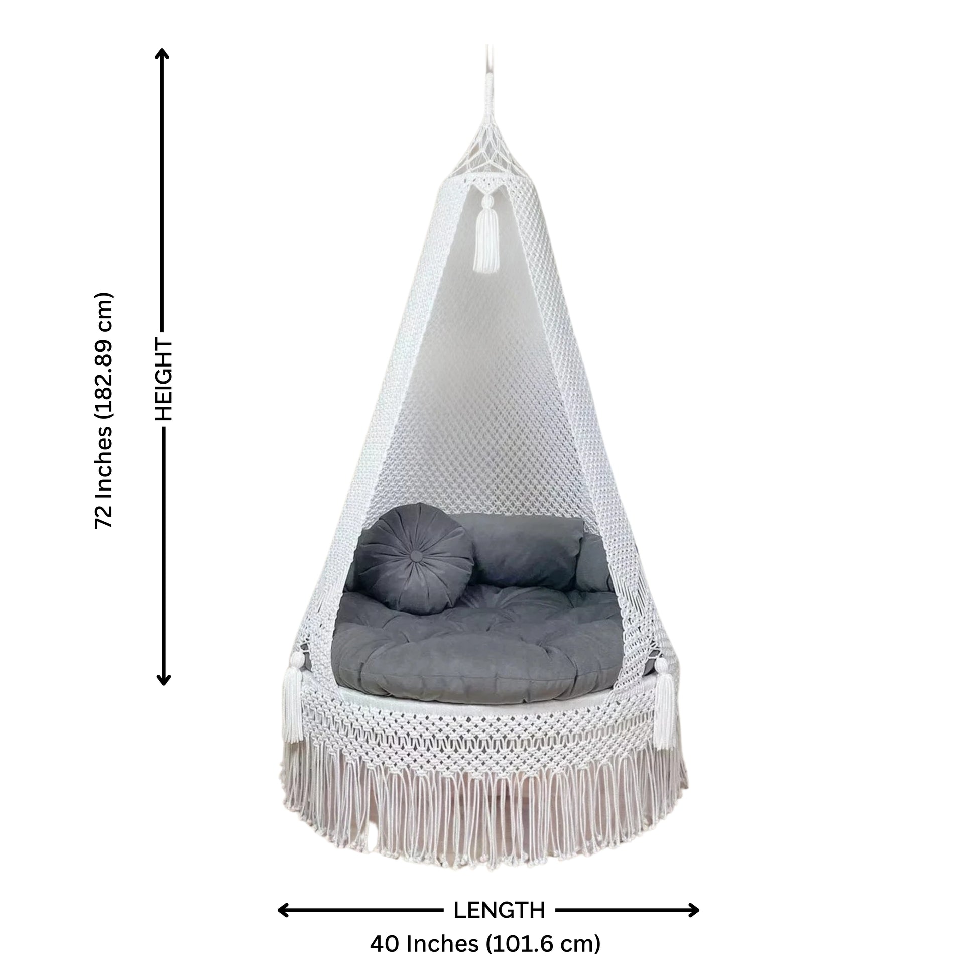 White macrame swing with grey mattress for adults 40 Inches