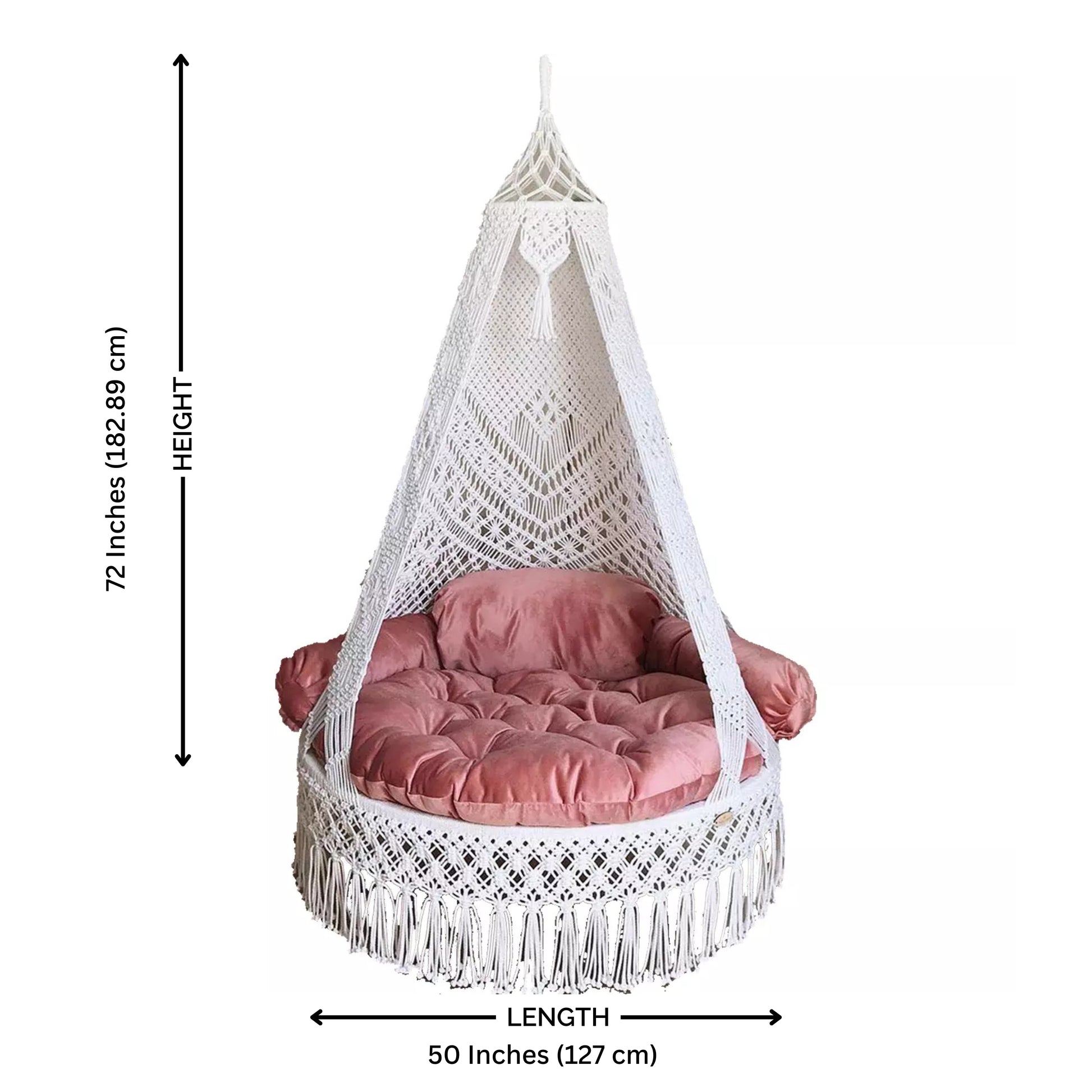 White Macrame Swing with pink mattress
