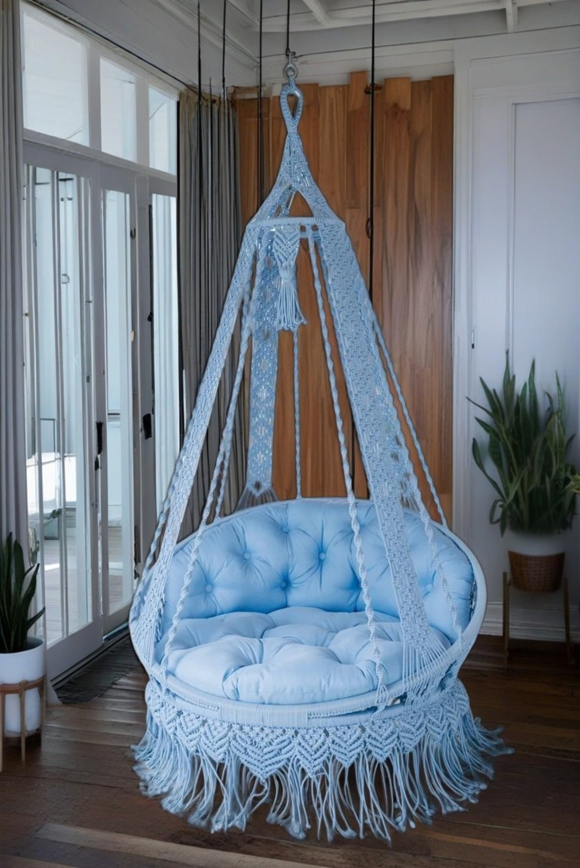 Icy blue Macrame Swing for adults and kids with backrest
