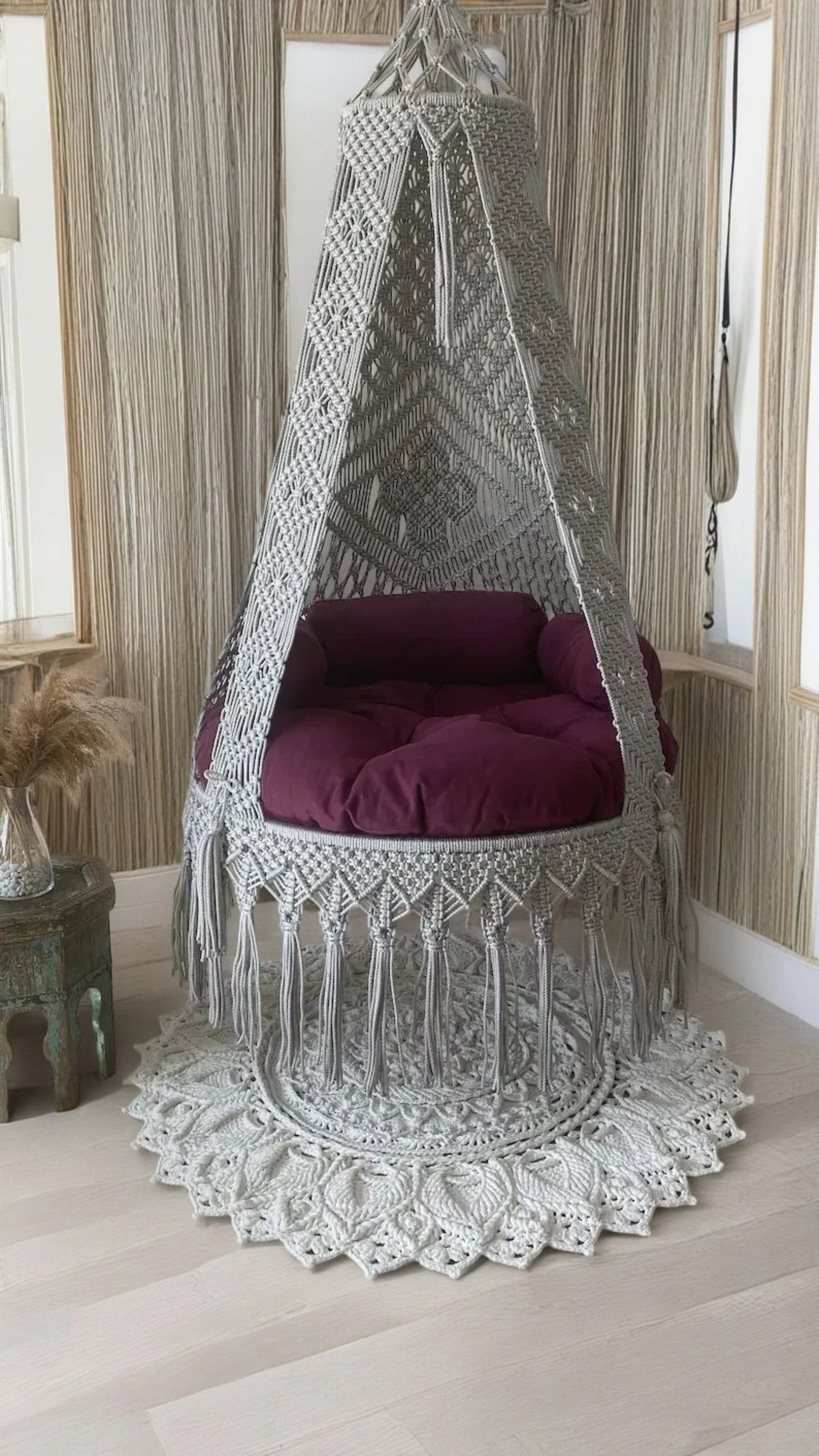 Silver Macrame chair swing for indoor