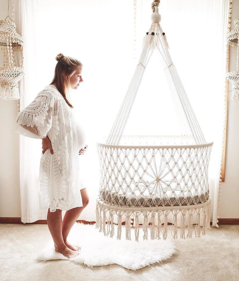 White Handmade Macrame Baby Bassinet