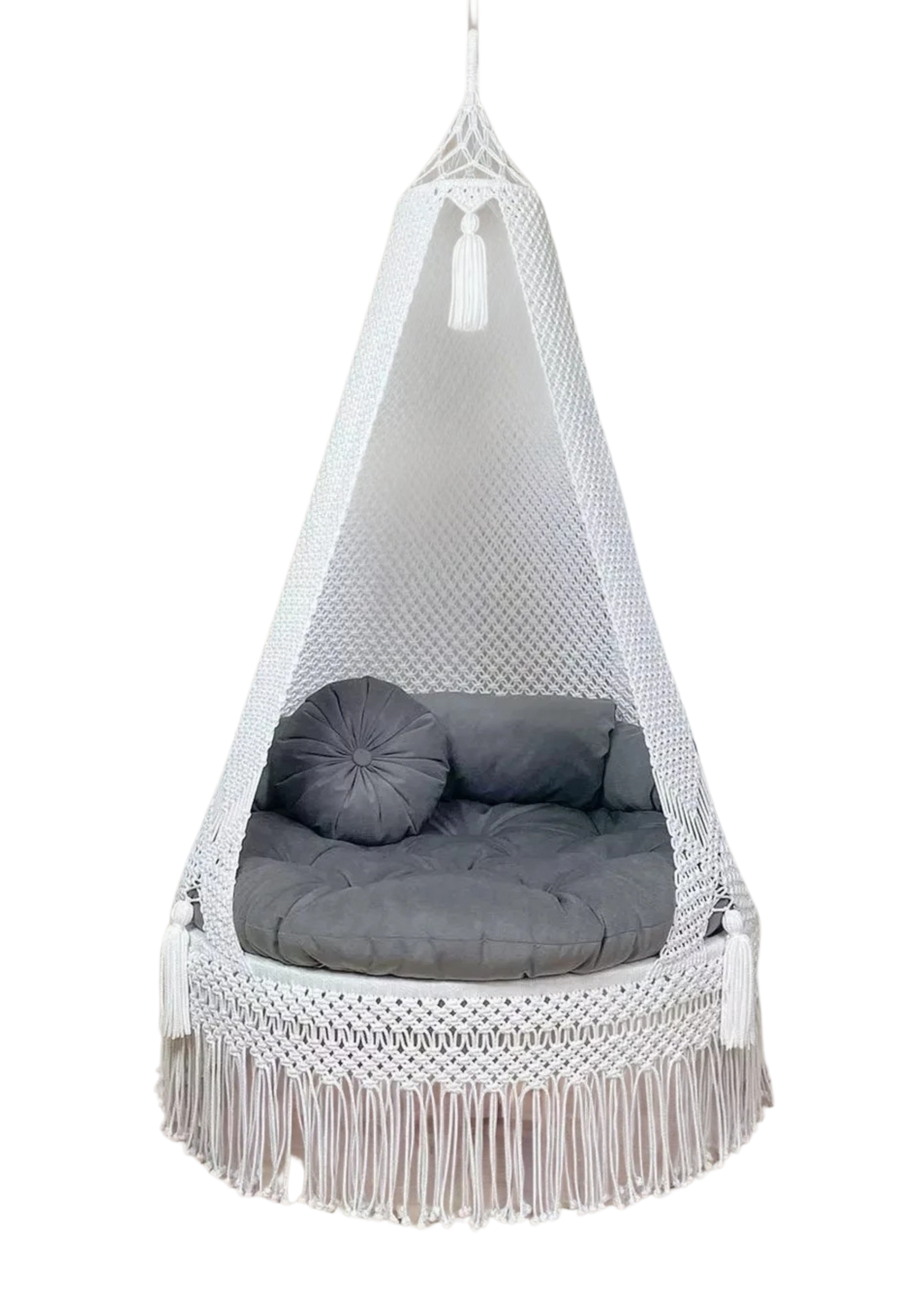 White macrame swing with grey mattress for adults 40 Inches