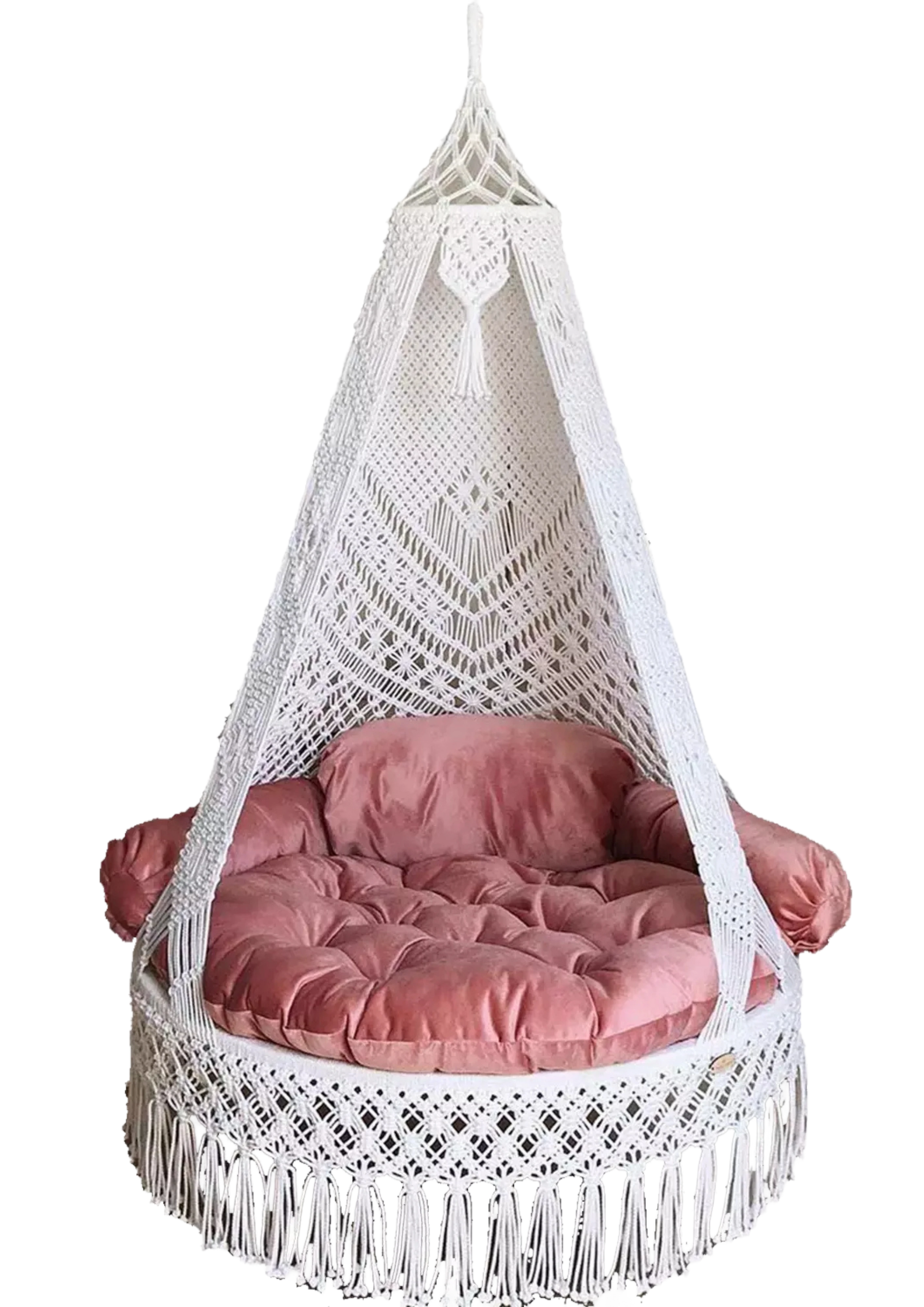 White Macrame Swing with pink mattress