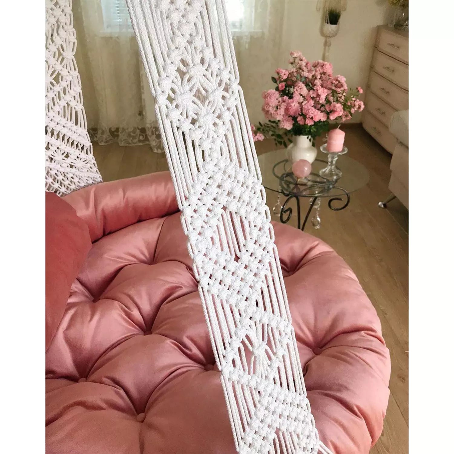White Macrame Swing with pink mattress