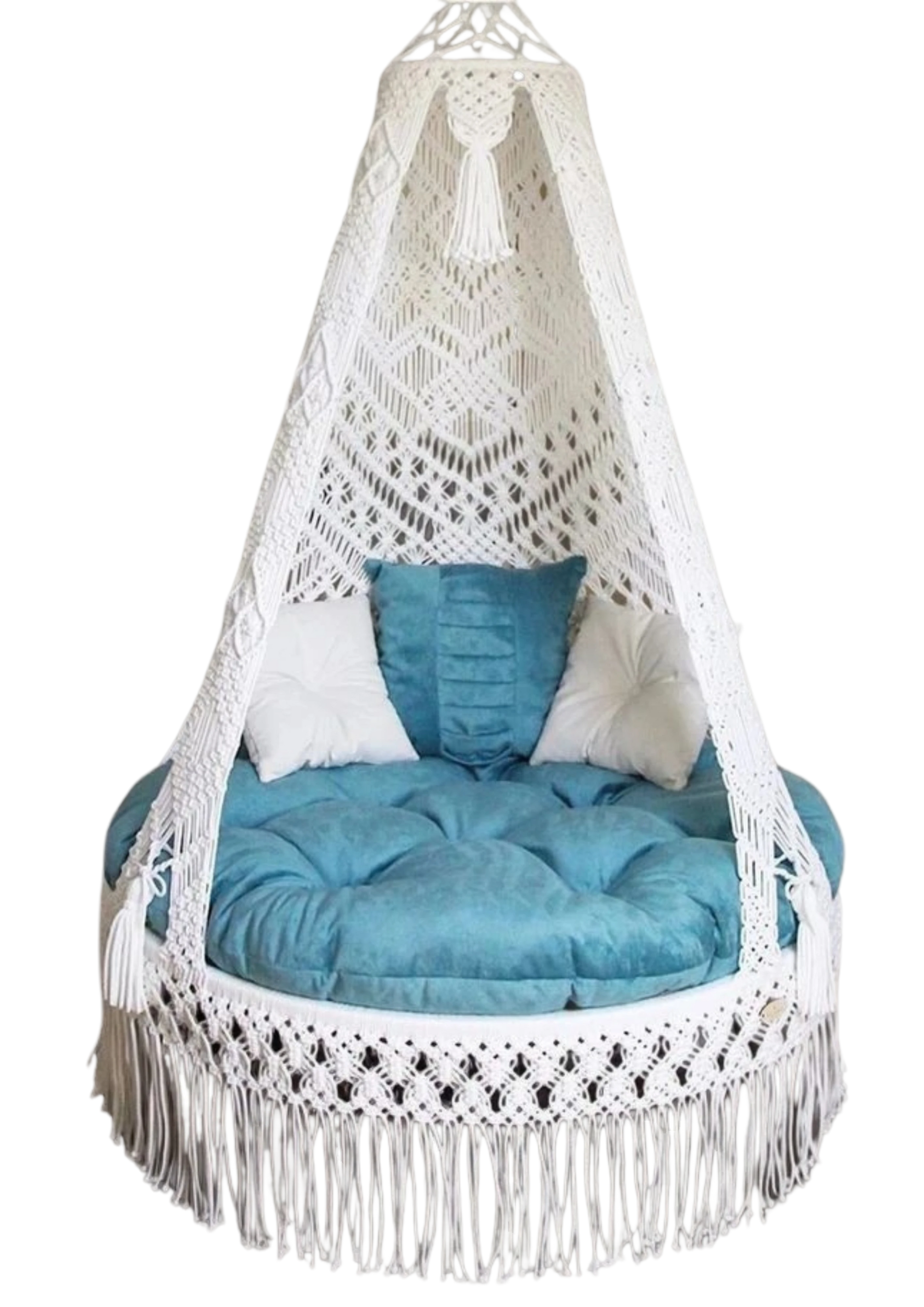 White macrame swing with blue mattress for home