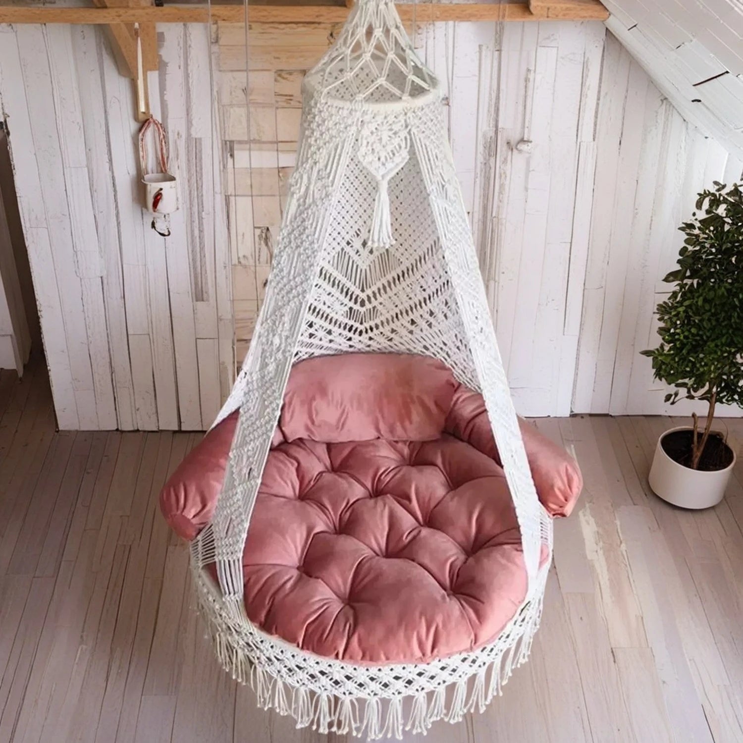 White Macrame Swing with pink mattress