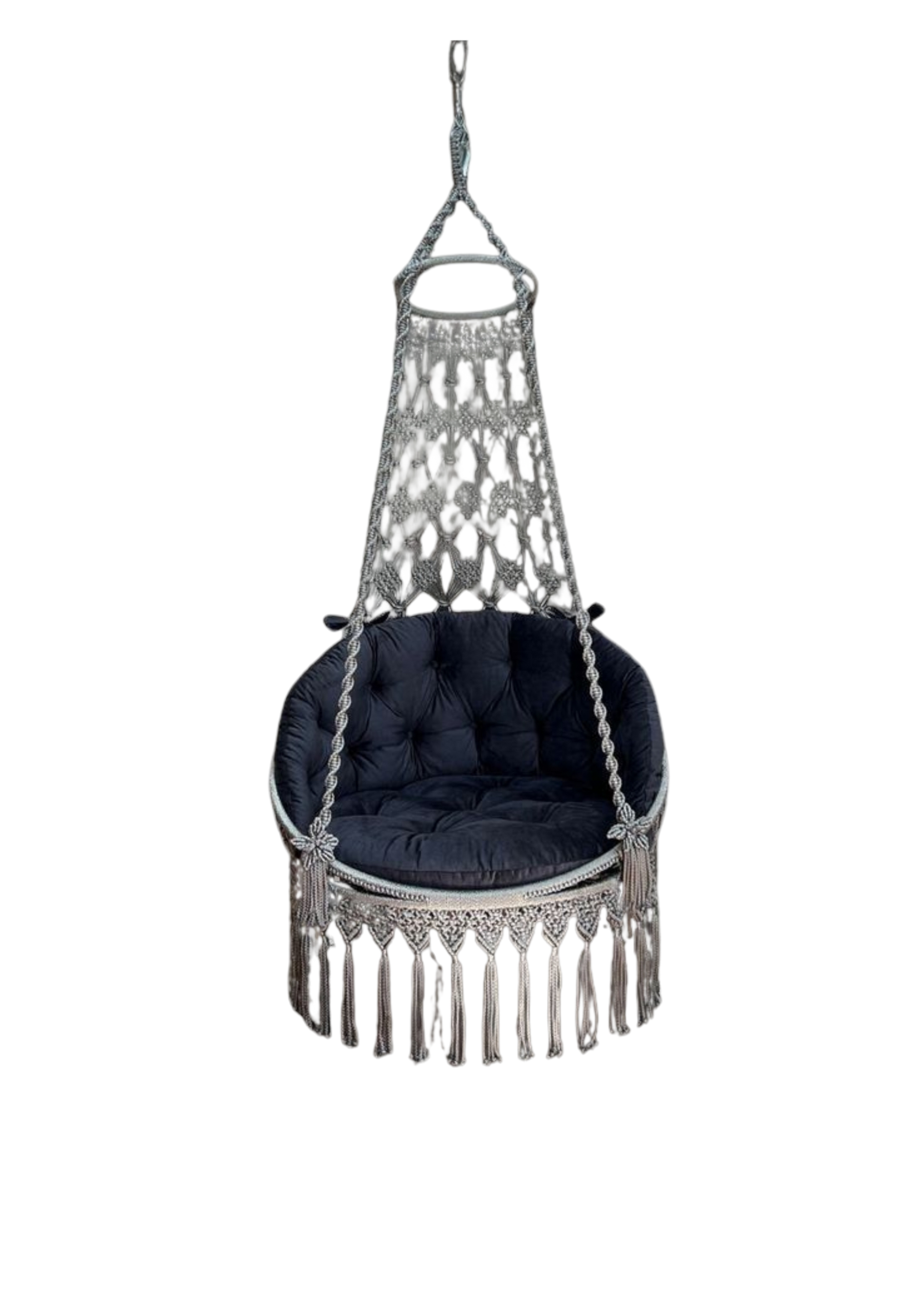 Macrame swing with blue mattress and backrest