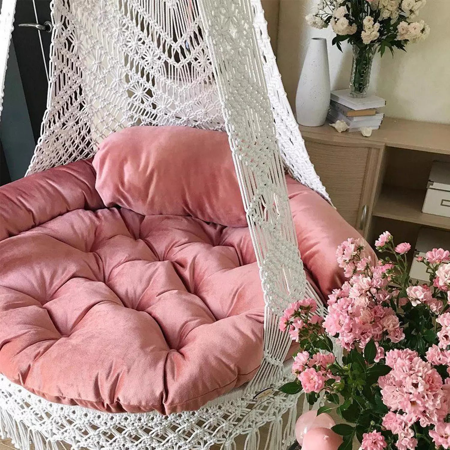 White Macrame Swing with pink mattress
