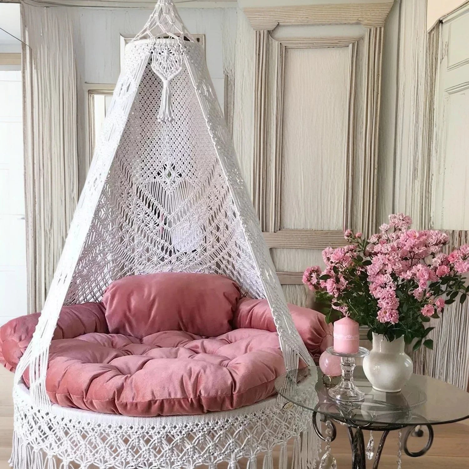 White Macrame Swing with pink mattress