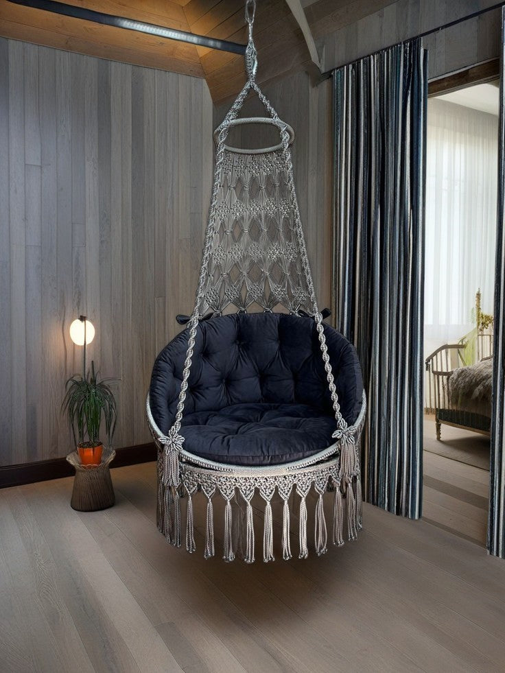 Macrame swing with blue mattress and backrest