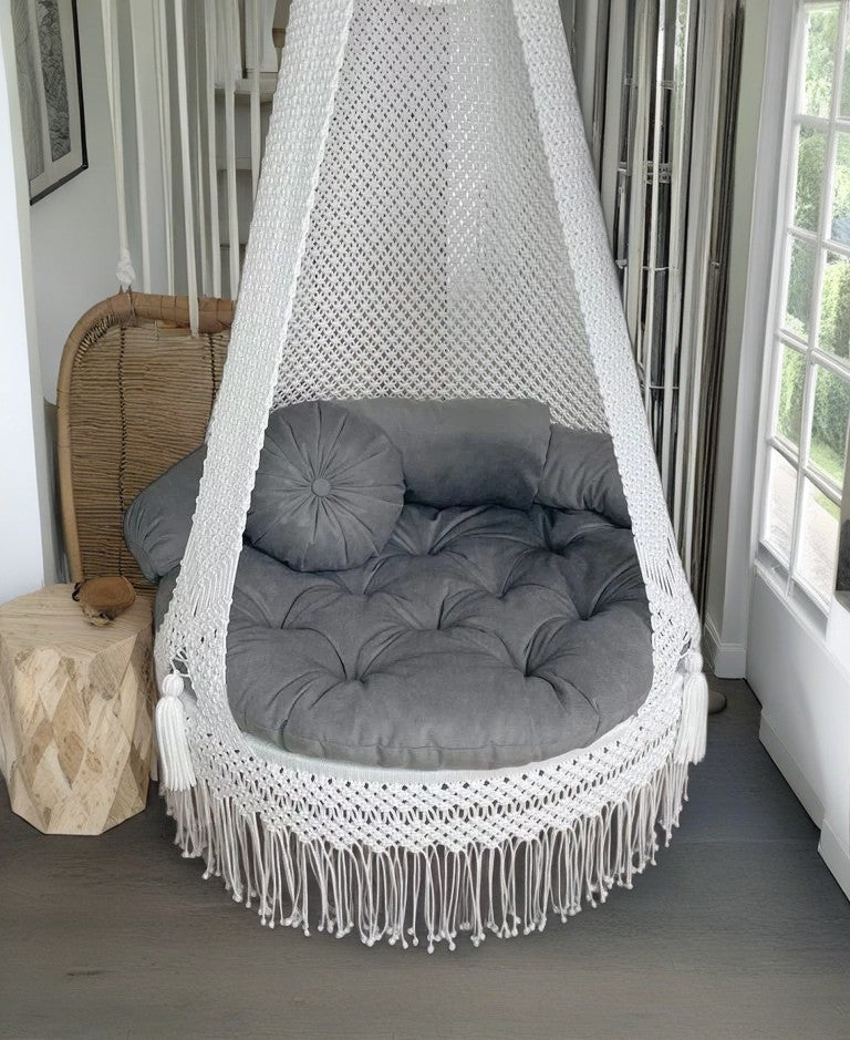 White macrame swing with grey mattress for adults 40 Inches