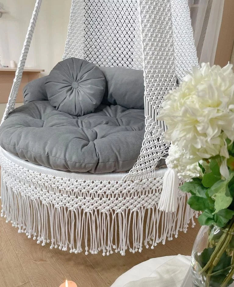 White macrame swing with grey mattress for adults 40 Inches