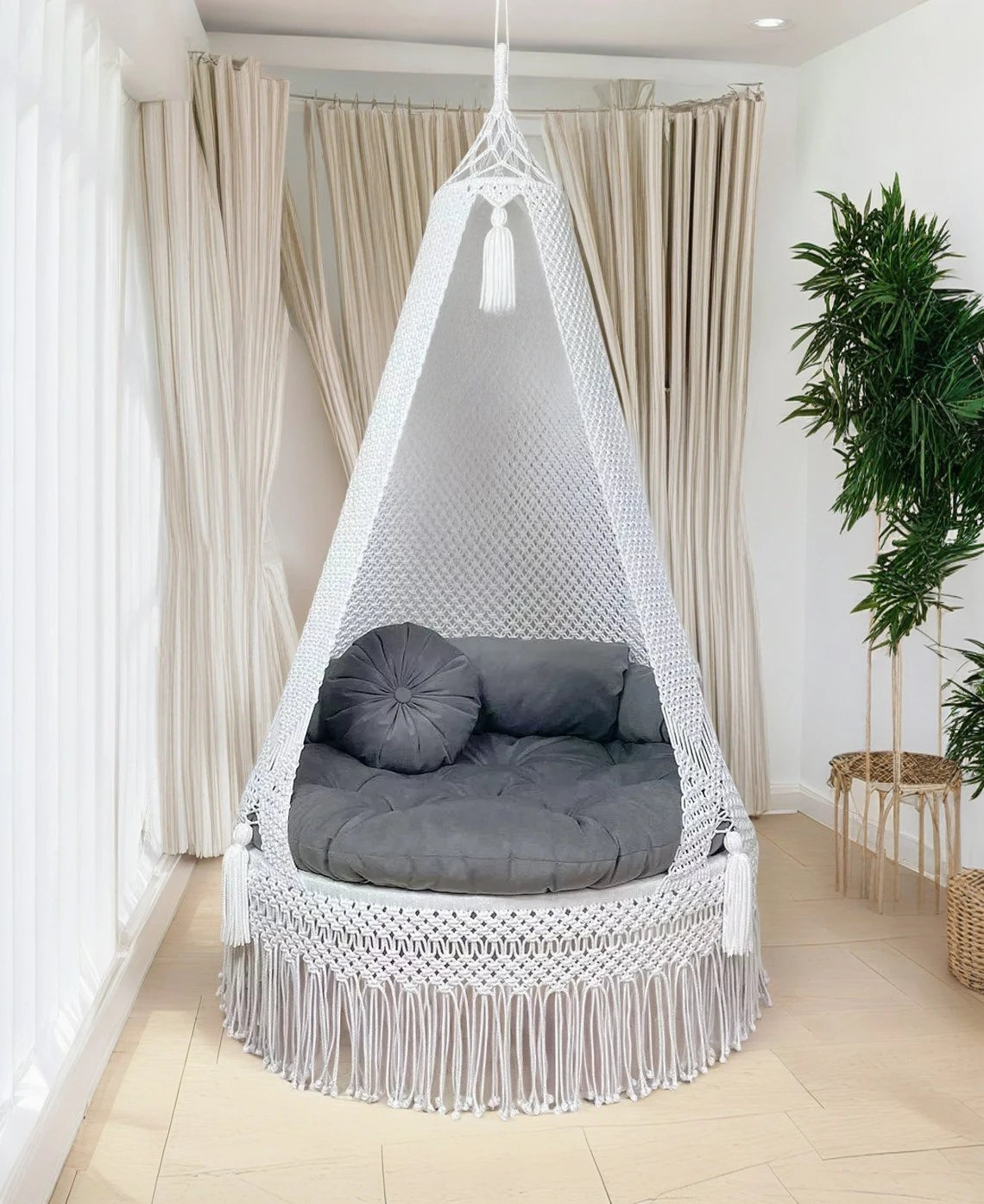 White macrame swing with grey mattress for adults 40 Inches