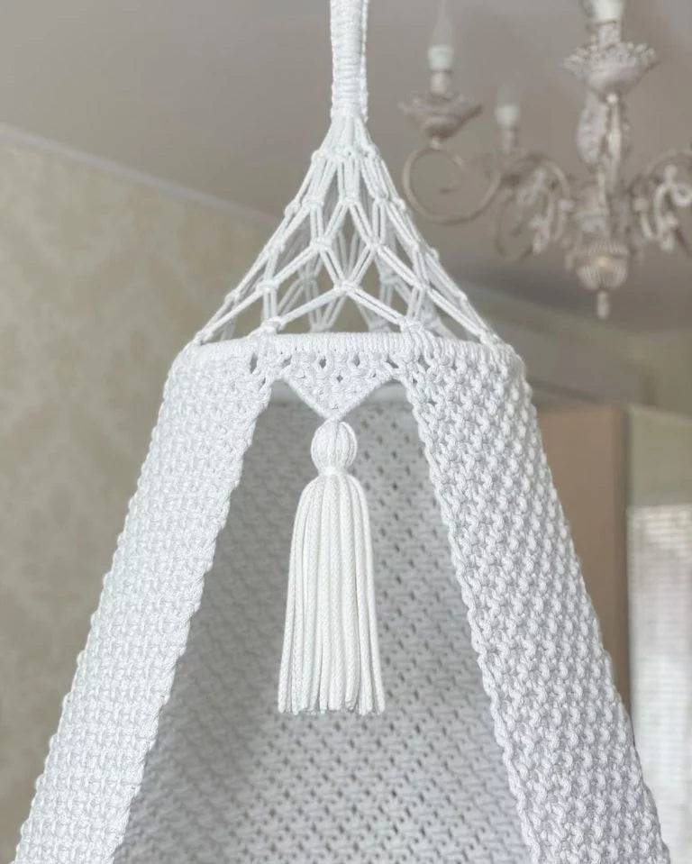 White macrame swing with grey mattress for adults 40 Inches