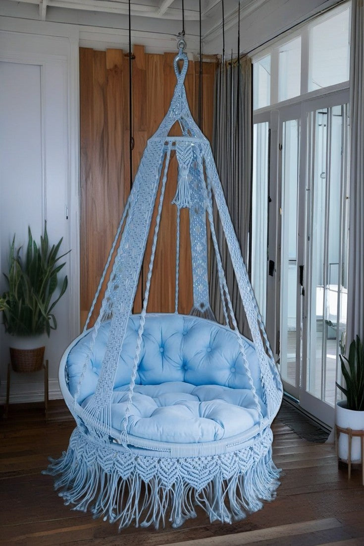 Icy blue Macrame Swing for adults and kids with backrest