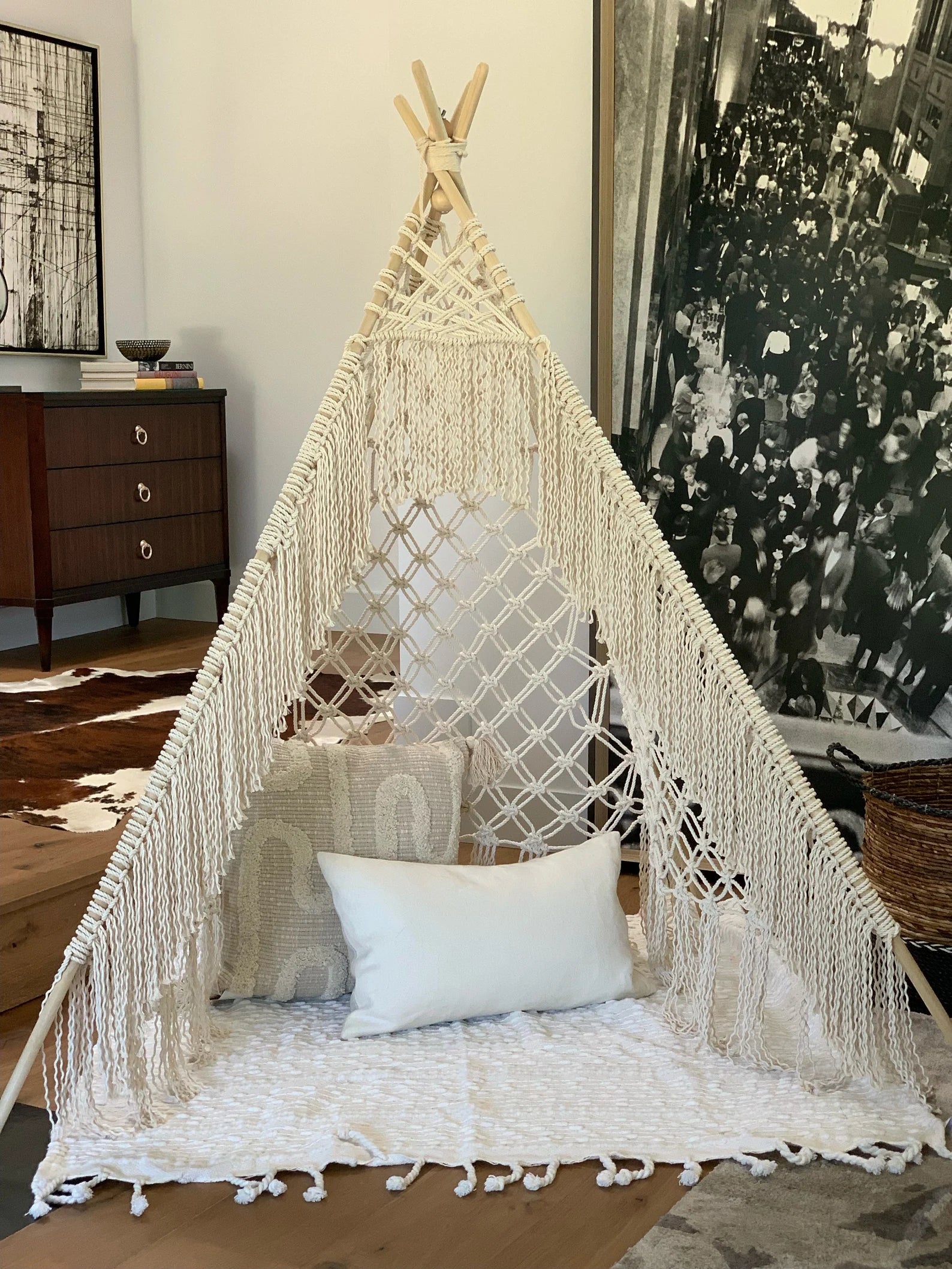 Macrame portable teepee tent for indoor and outdoor