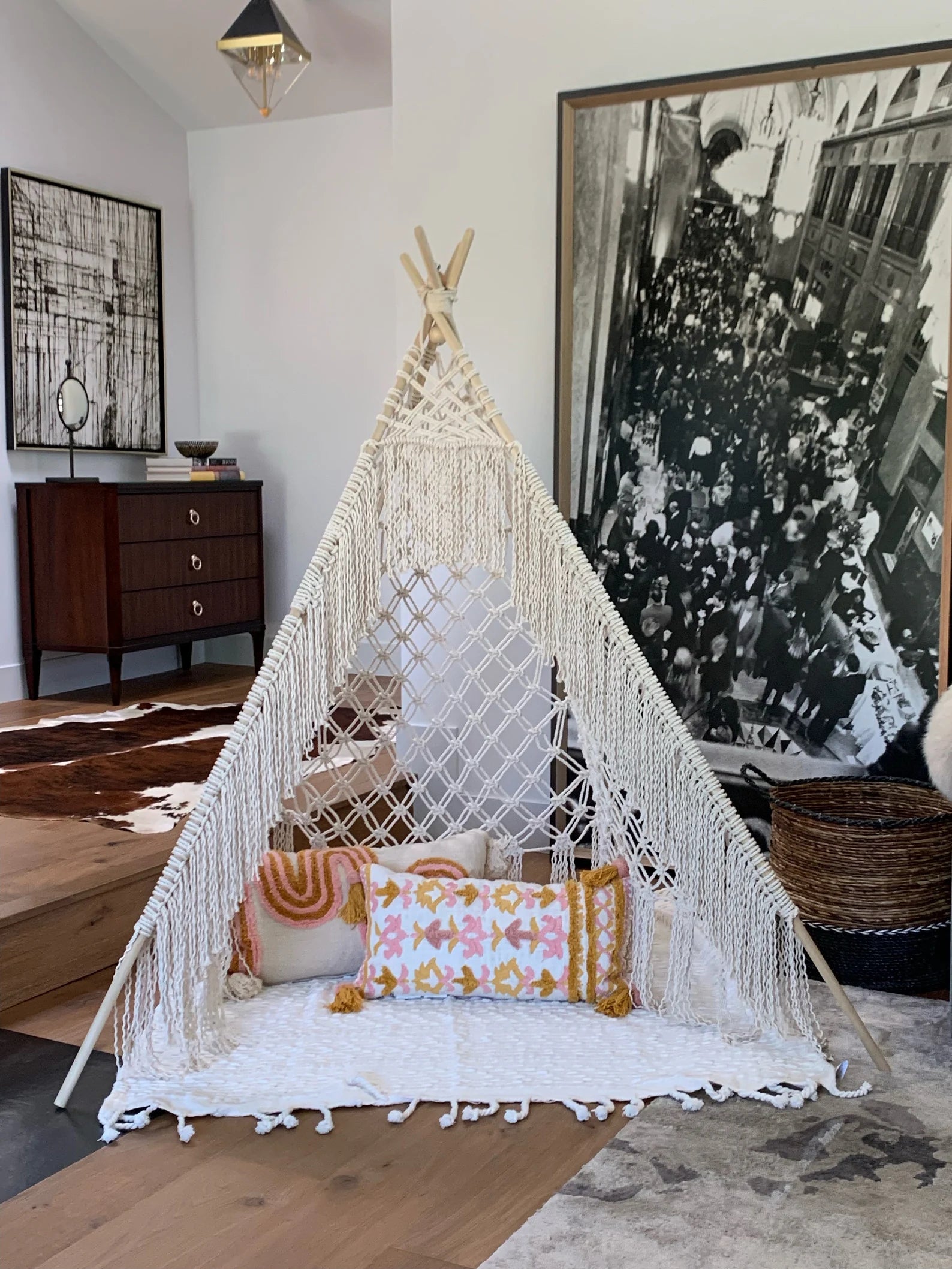 Macrame portable teepee tent for indoor and outdoor