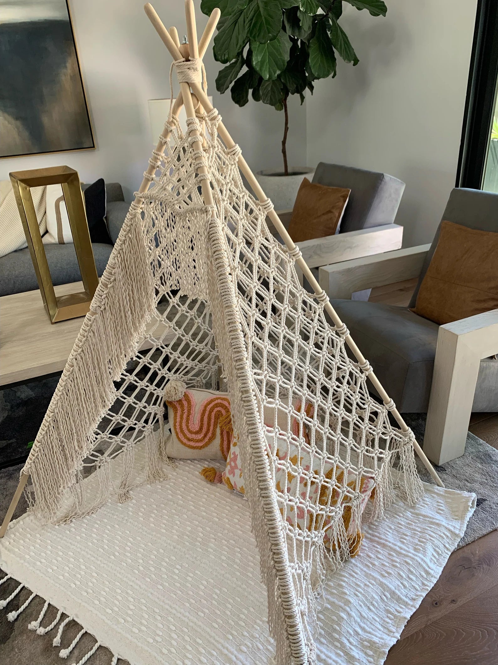 Macrame portable teepee tent for indoor and outdoor