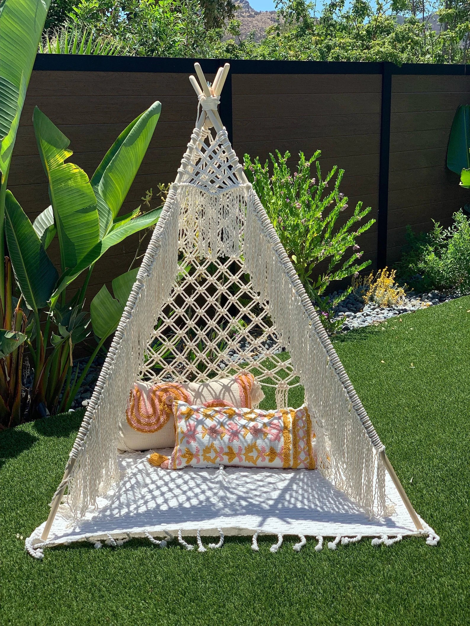 Macrame portable teepee tent for indoor and outdoor