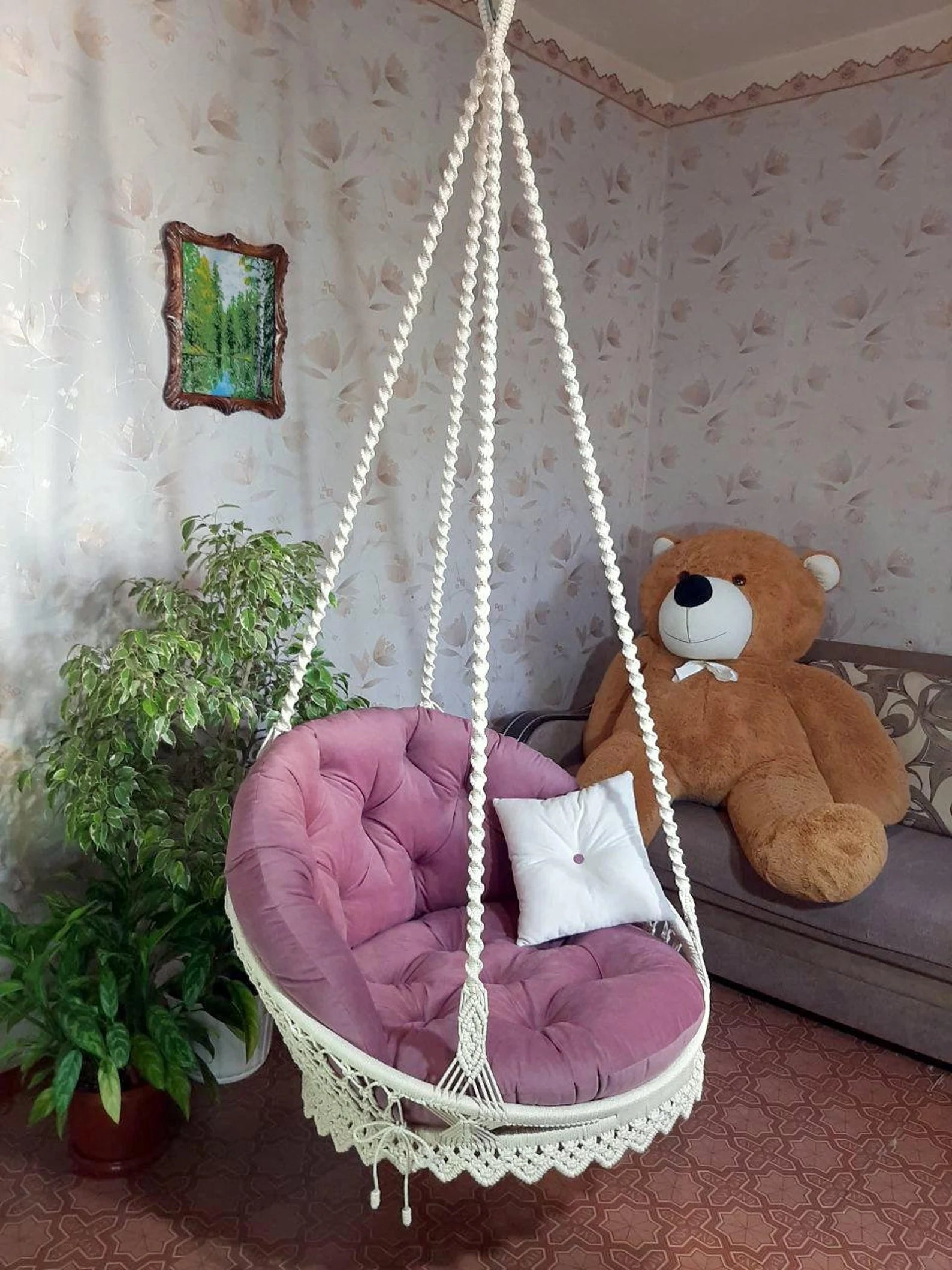 Macrame swing chair for adults with backrest