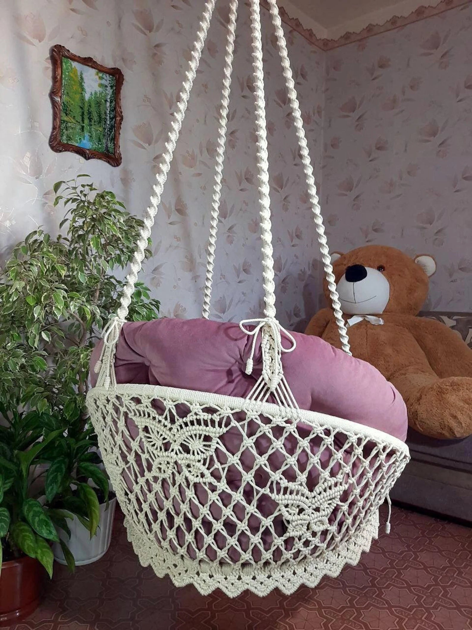Macrame swing chair for adults with backrest