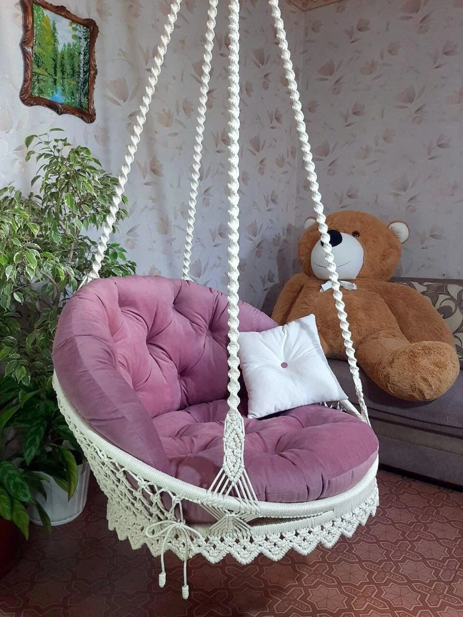 Macrame swing chair for adults with backrest