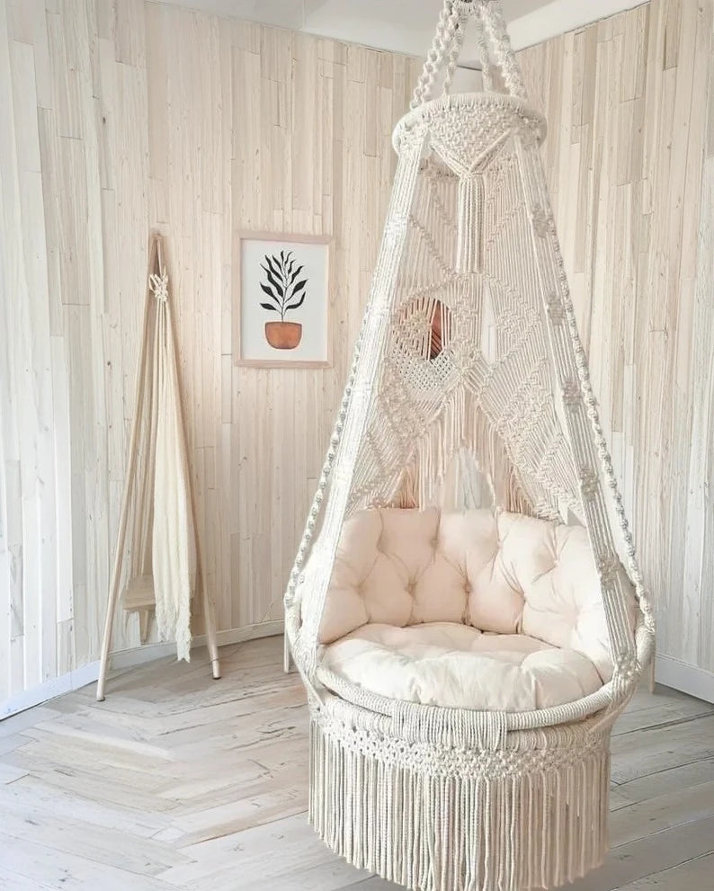 White Snowy Macrame Swing with backrest for adults