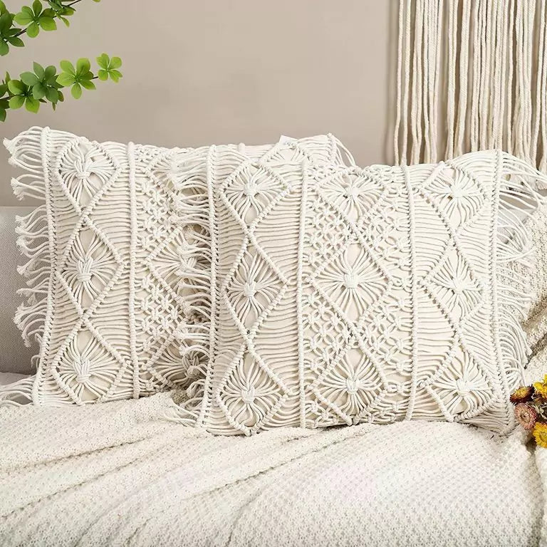 Textured White Macrame Cushion