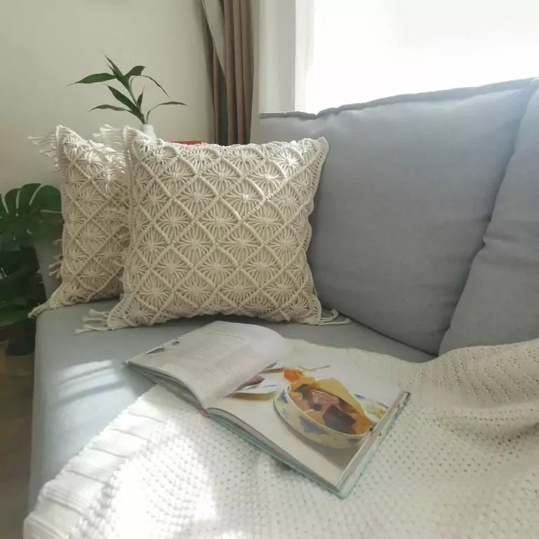 Boho White Macrame Cushion