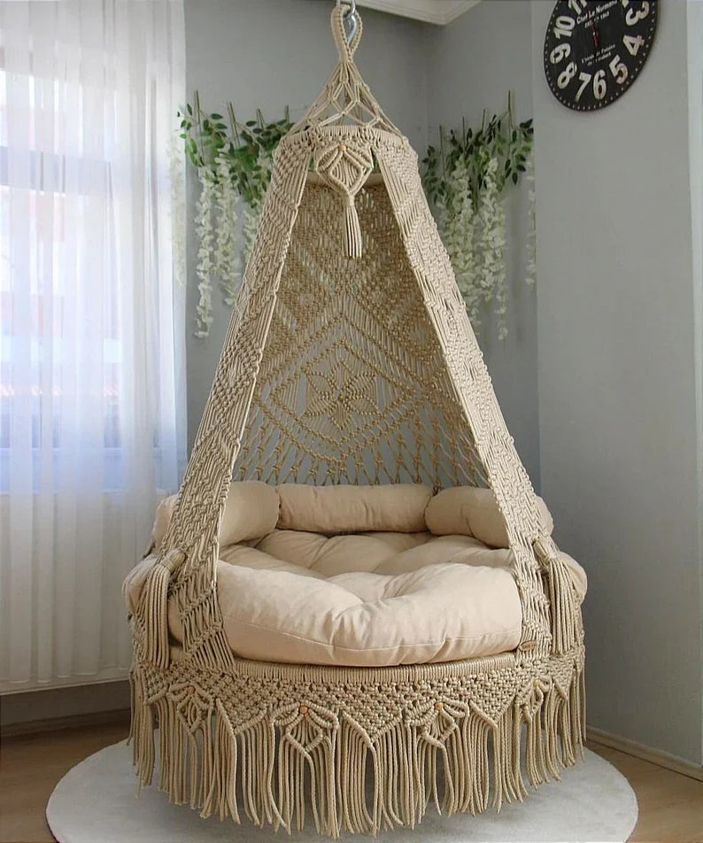 Shiny macrame hanging swing