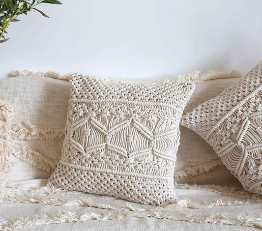 White Macrame Throw  Cushion