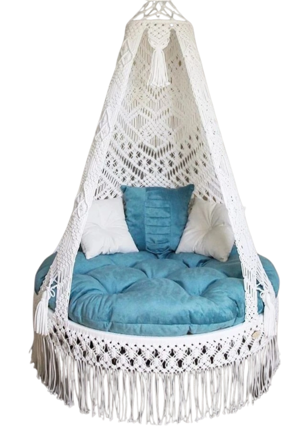 White macrame swing with blue mattress for home
