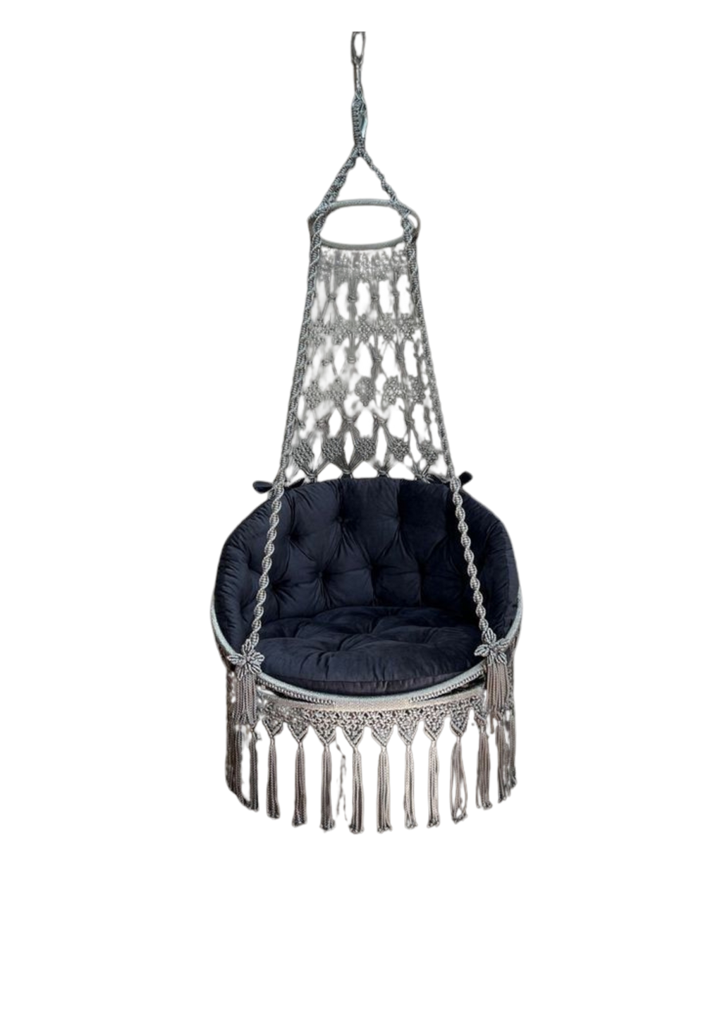 Macrame swing with blue mattress and backrest