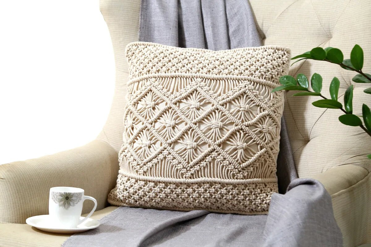 White Boho Macrame Cushion