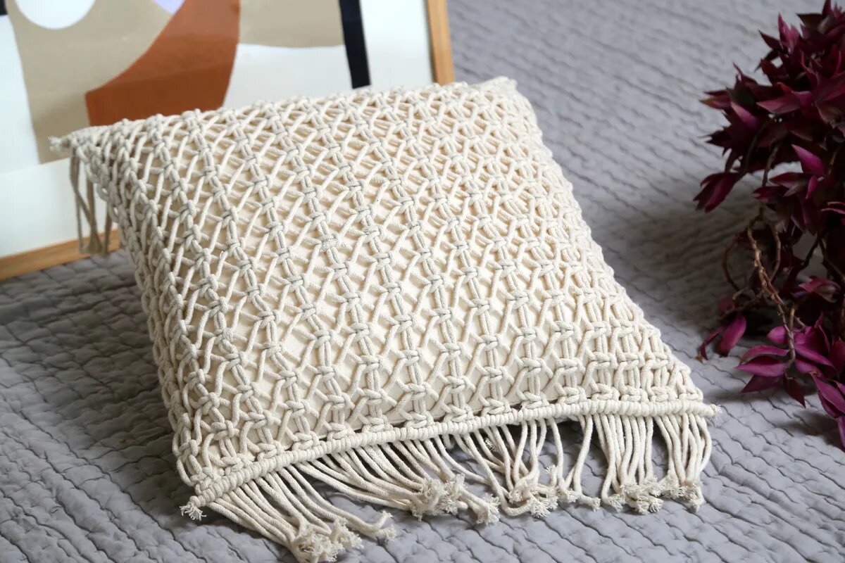 Handmade White Macrame Pillow