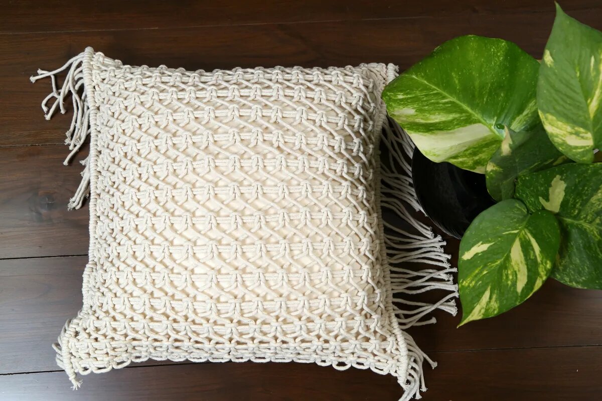 Handmade White Macrame Pillow