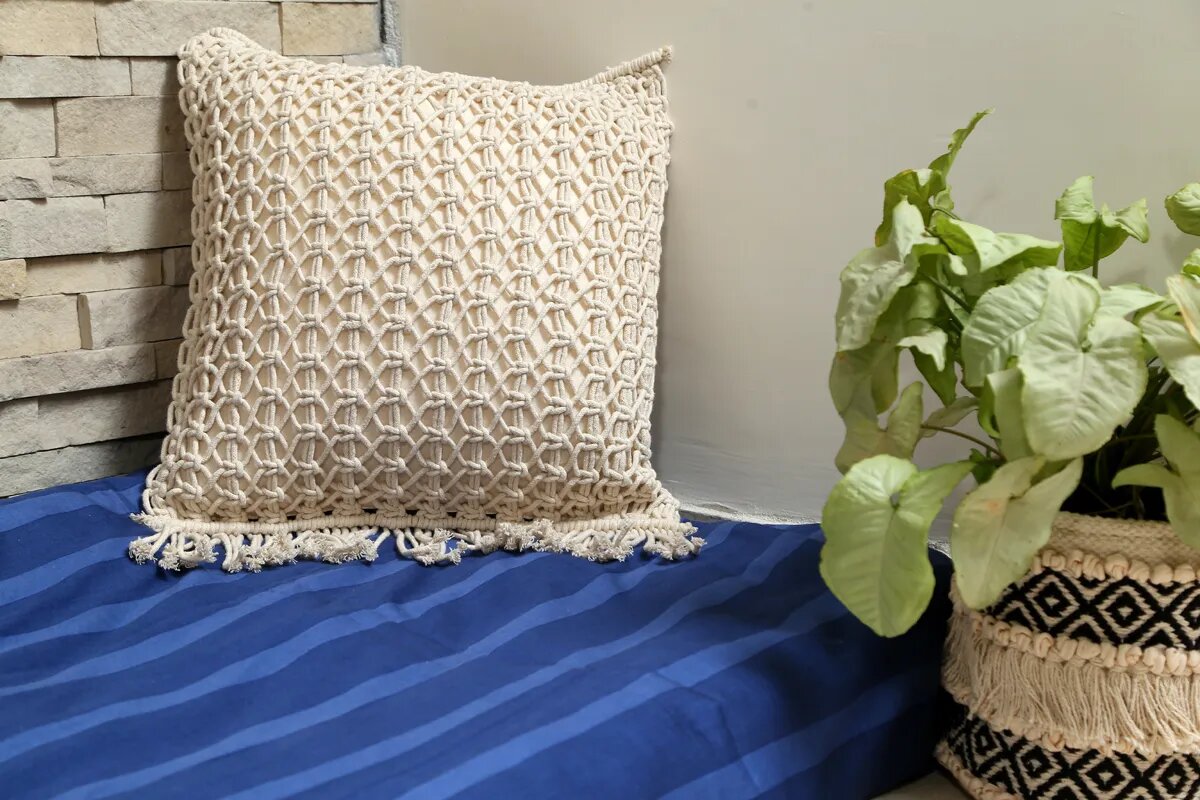 Handmade White Macrame Pillow