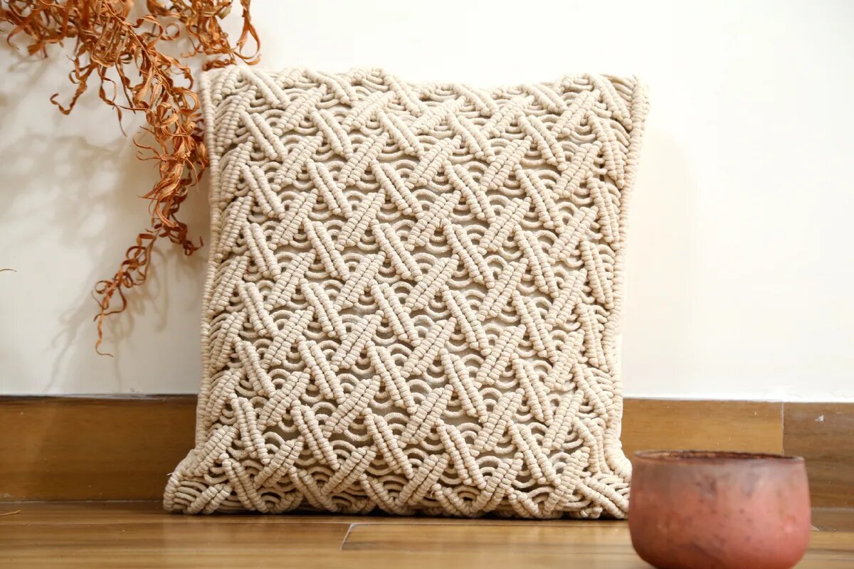 White Bohemian Macrame Cushion