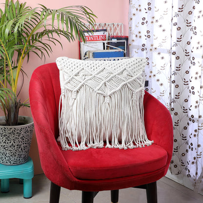 White Macrame Pillow for Bedroom Decor