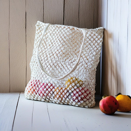 Handwoven Macramé Mesh Tote Bag – White