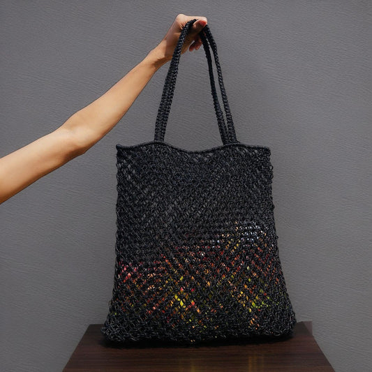 Handwoven Macramé Mesh Tote Bag – Black