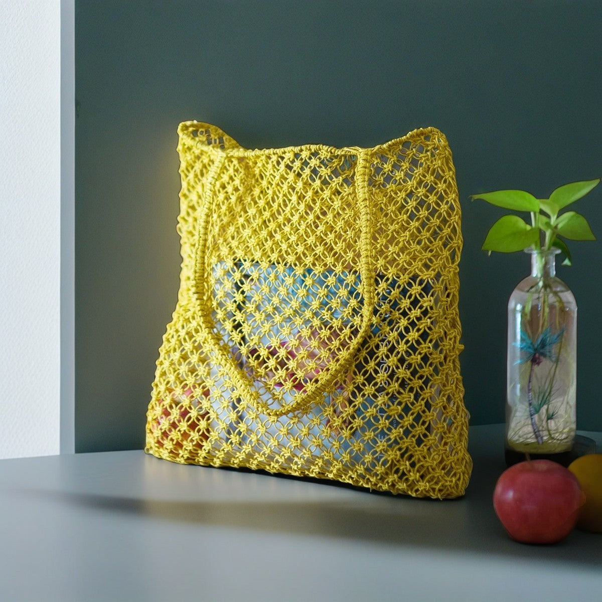 Handwoven Macramé Mesh Tote Bag – Yellow