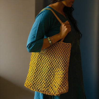 Handwoven Macramé Mesh Tote Bag – Yellow