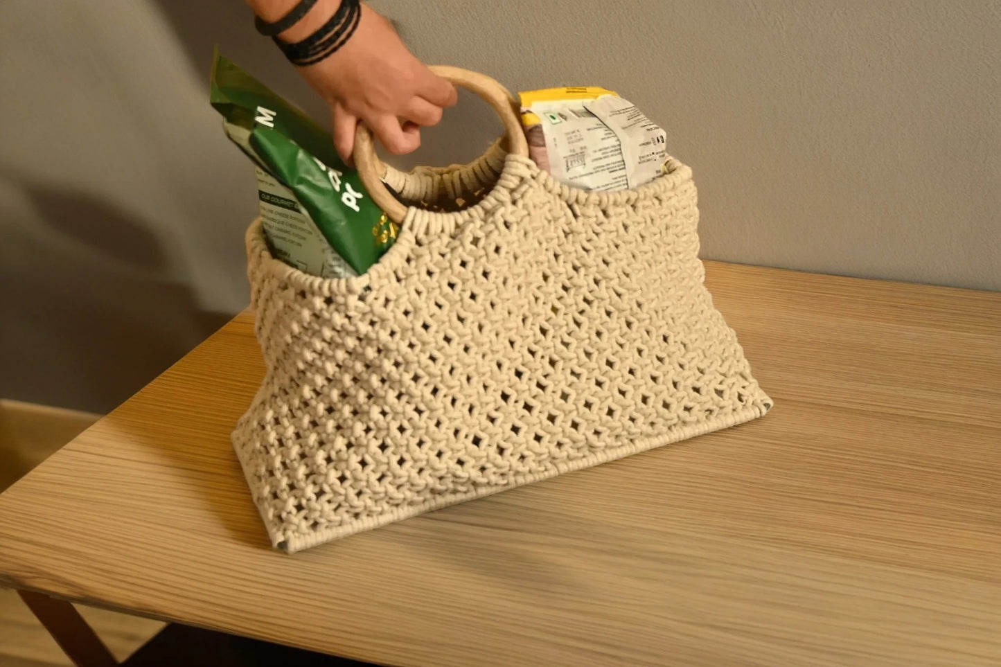 Handwoven Macrame Handbag with Wooden Handles