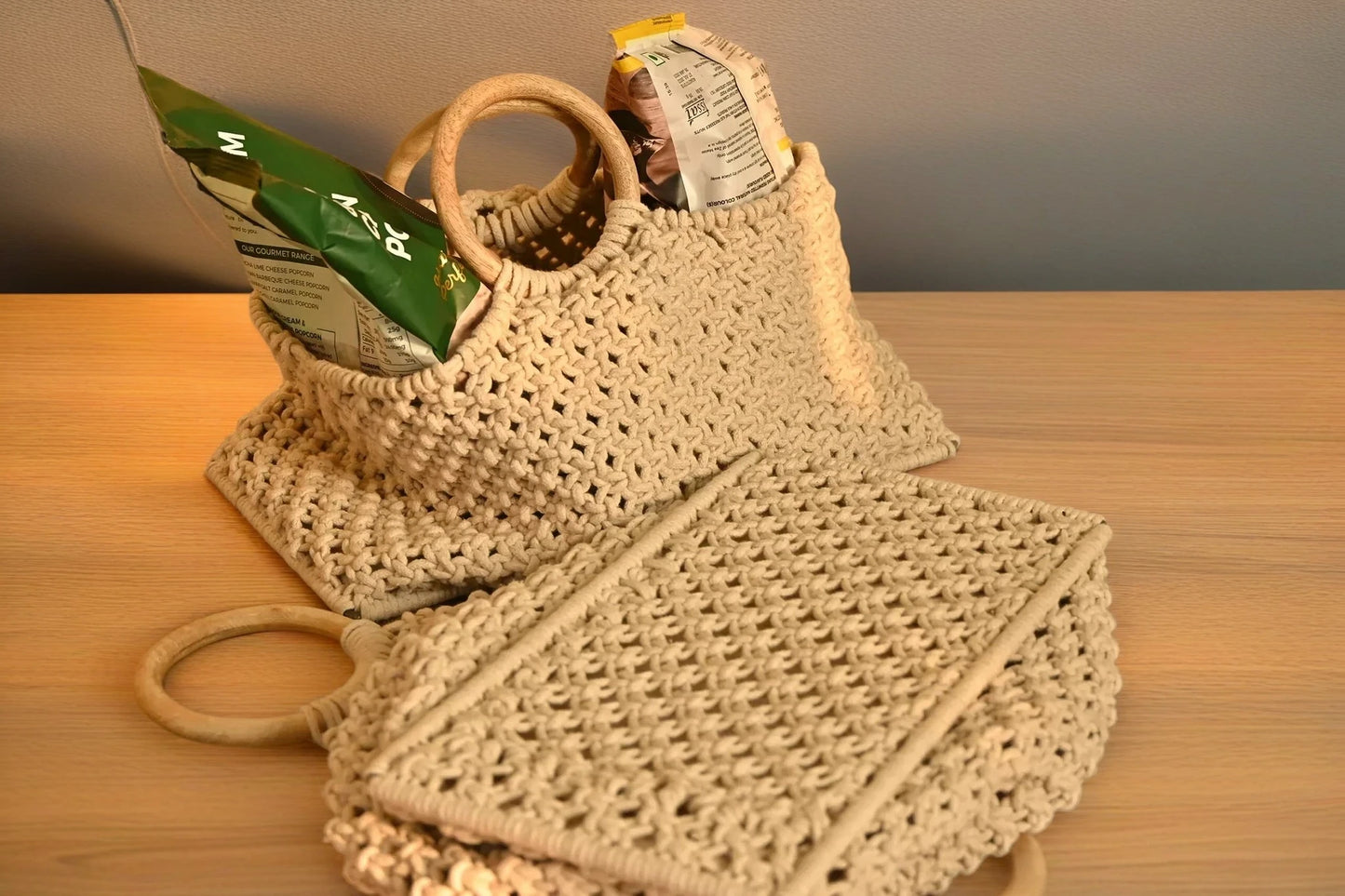 Handwoven Macrame Handbag with Wooden Handles