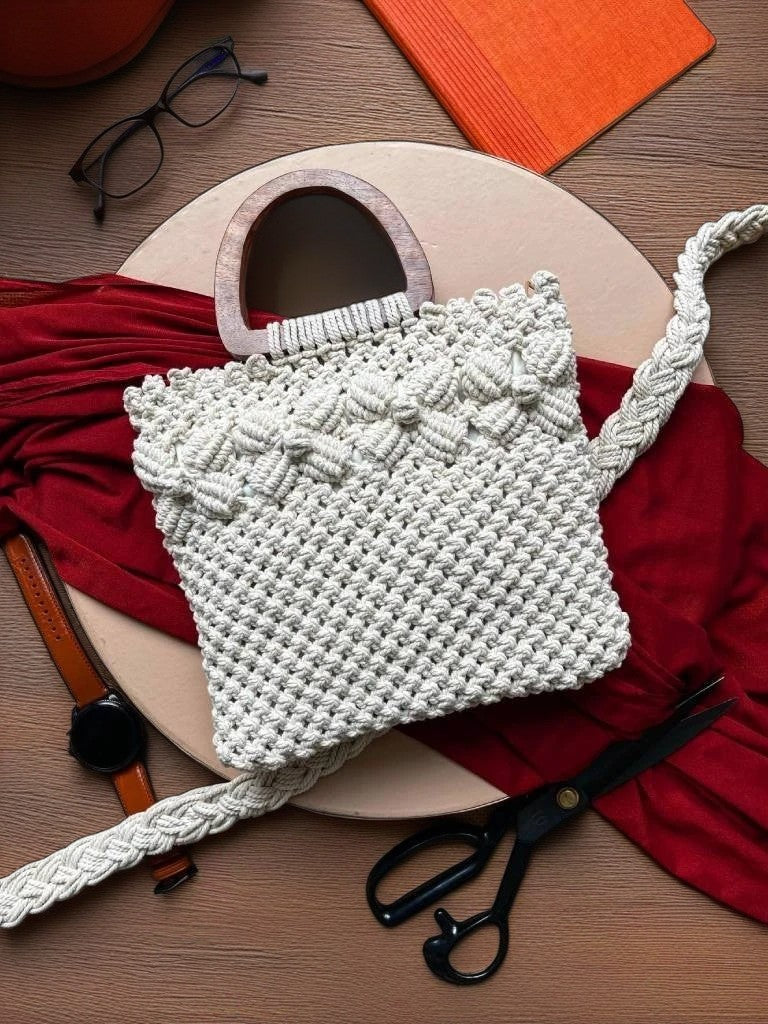 Floral White Macrame Handbag