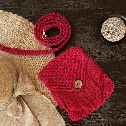 Handcrafted Boho Macramé Crossbody Bag – Red