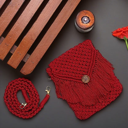 Handcrafted Boho Macramé Crossbody Bag – Red