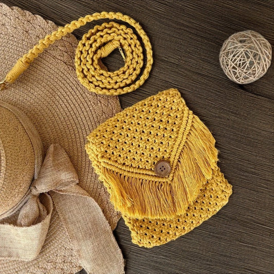 Golden Fringe Macrame Crossbody Bag